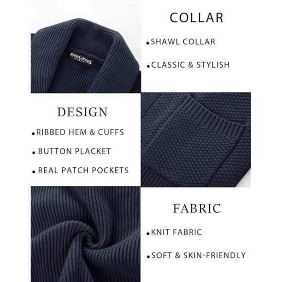 Mens Shawl Collar Cardigan Sweater Knit Button Down Textured Long Sleeve Winter - Picture 4 of 5